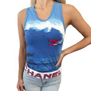 CHANEL Surf Vintage 02S CC Logo Tank Top #40 Blue Cotton Spandex [106064]